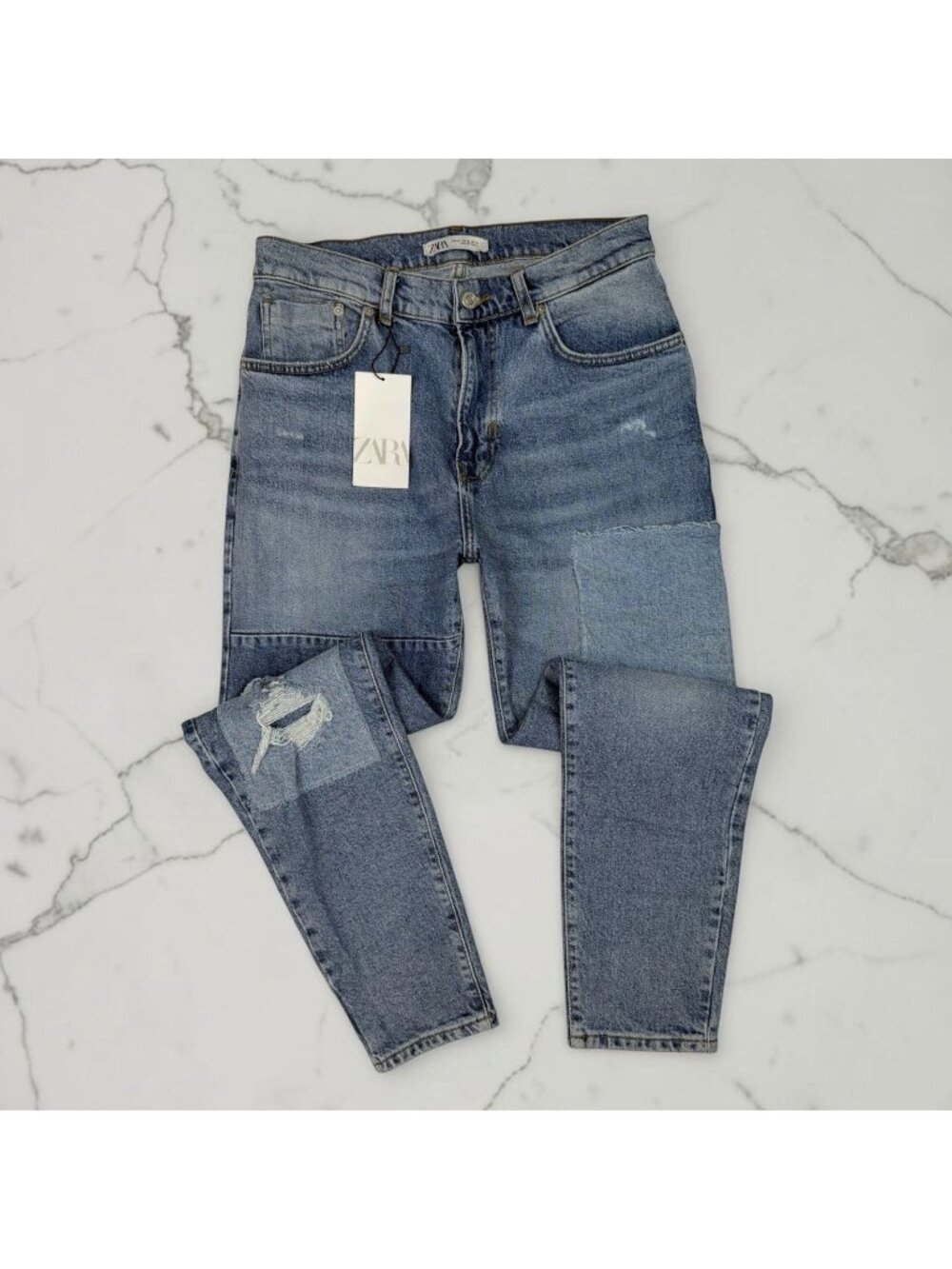 ZARA Skinny Fit Men's Jeans Size 32 Patchwork Tonal Ripped Distressed Denim